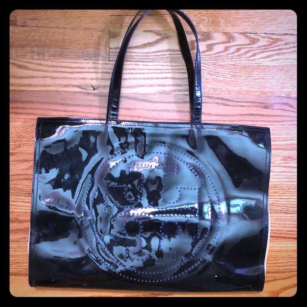 Tory Burch black patent-like tote